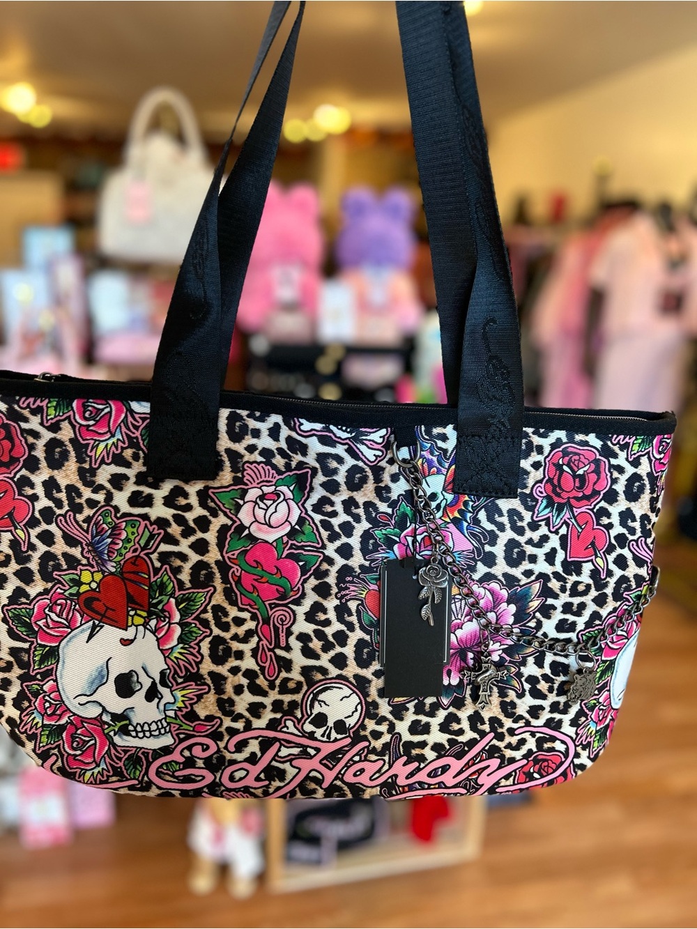 Ed Hardy Leopard Print Pink Skull Tote Bag - Picture 2 of 7